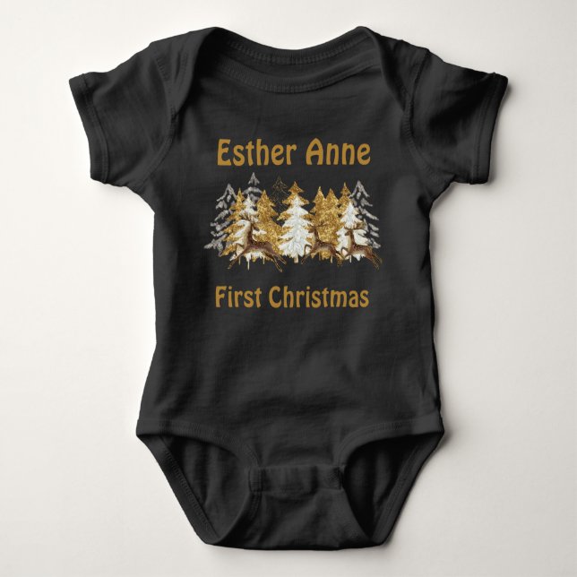 Black Niedlich Gold Trees Deer Baby First Christma Baby Strampler (Vorderseite)