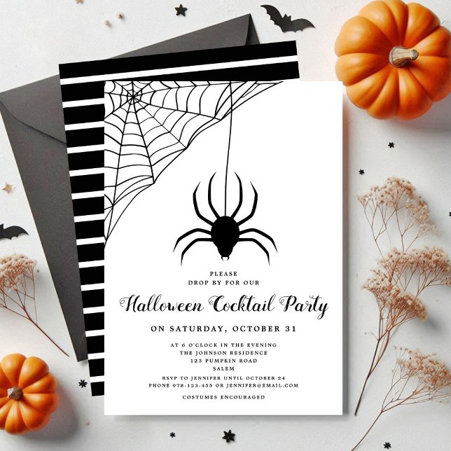 Black Niedlich Spione Halloween Cocktail Party Einladung (Black Cute Spider Halloween Cocktail Party Invitation)