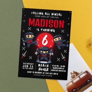 Black Ninja Birthday Party Einladung