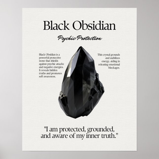 Black Obsidian Gem Crystal Bedeutung Karte Poster (Vorne)