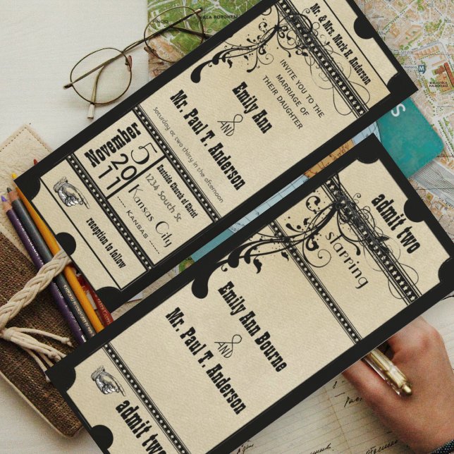 Black Old Hollywood Ticket Wedding Einladung (Von Creator hochgeladen)