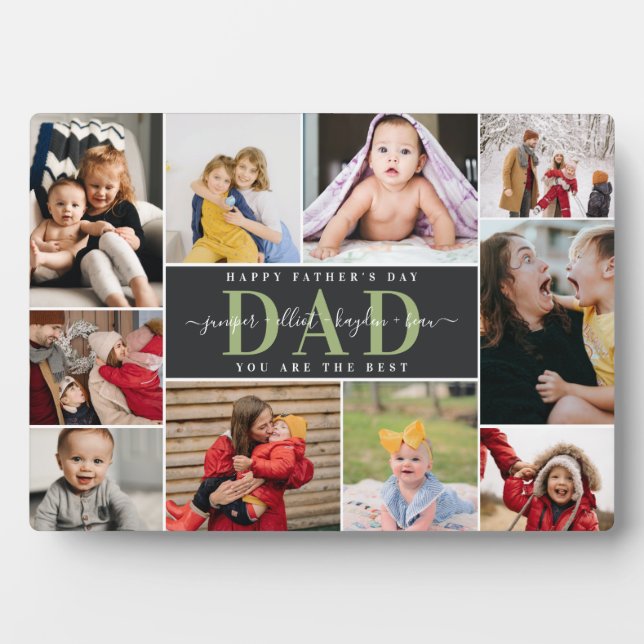 Black & Olive Best Dad Father's Day Foto Collage Fotoplatte (Vorderseite)