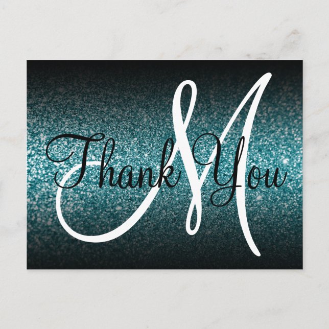 Black Ombre Aquamarin Glitzer Monogram Vielen Dank Postkarte (Vorderseite)