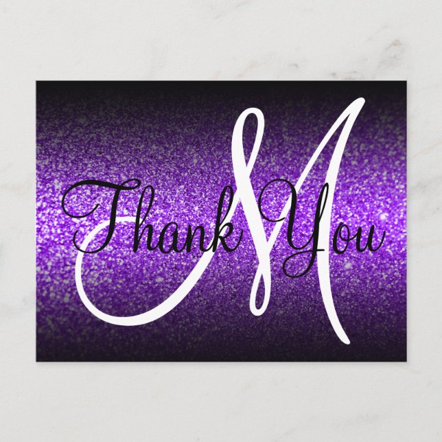 Black Ombre Violet Glitzer Monogram Vielen Dank Postkarte (Vorderseite)