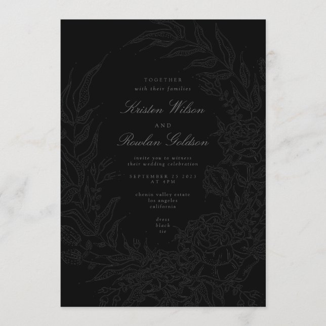Black on Black Floral Wreath Wedding QR Code Einladung (Vorderseite)
