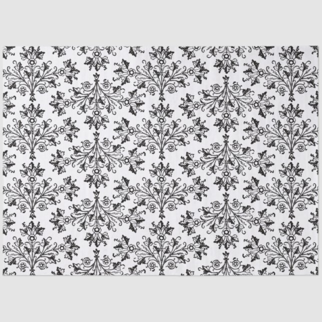 Black on White Elegant Floral Damask Seidenpapier (Vorderseite)