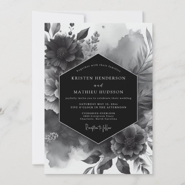 Black Opulent Bloom Wedding Einladung (Vorderseite)