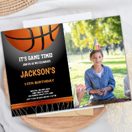 Black Orange Basketball Birthday Invitations photo Einladung
