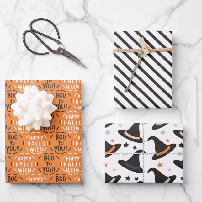 Black Orange Boo zu Ihnen Hexenhut Sripes Hallowee Geschenkpapier Set (Vorderseite)