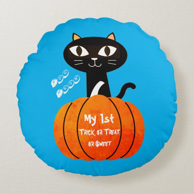 Black Orange Cat Pumpkin Trick oder Treat Hallowee Rundes Kissen (Vorderseite)