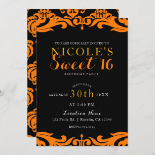 Black & Orange Damask Chic Elegant Sweet 16 Party Einladung
