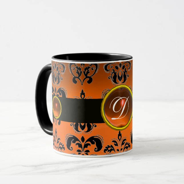 BLACK ORANGE DAMASK GEMSTONE MONOGRAMM TASSE (Vorderseite Links)