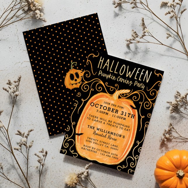 Black & Orange Fun Halloween Pumpkin Carving Party Einladung (Black & Orange Fun Halloween Pumpkin Carving Party Invitation)