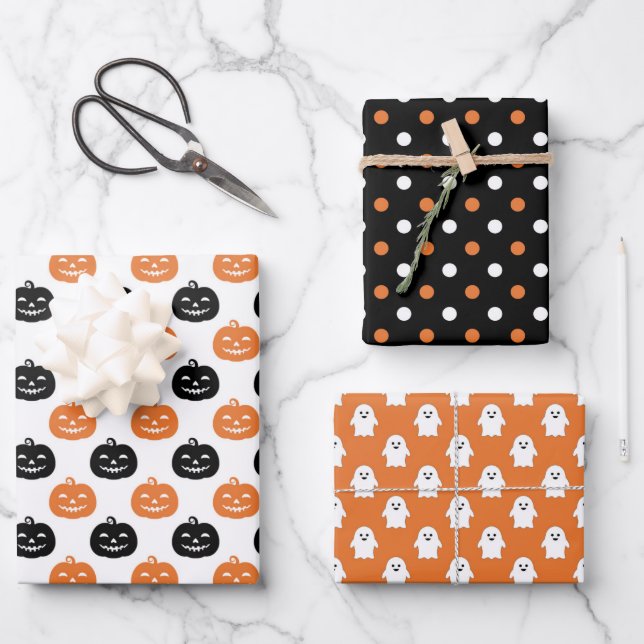 Black Orange Ghost Pumpkin Dots Halloween Geschenkpapier Set (Vorderseite)