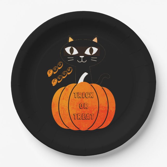 Black Orange Pumpkin Cat Spooky Niedlich Boo Hallo Pappteller (Vorderseite)