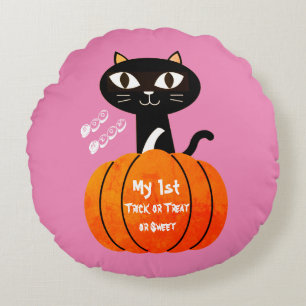 Black Orange Pumpkin Cat Spooky Niedlich Halloween Rundes Kissen