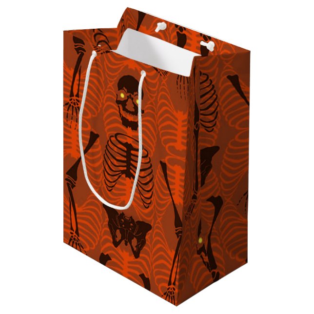 Black & Orange Skelette Halloween-Geschenktasche Mittlere Geschenktüte (Vorderseite Schrägansicht)