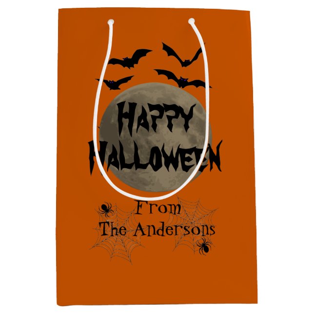 Black Orange Spooky Bats Spider Happy Halloween Mittlere Geschenktüte (Vorderseite)