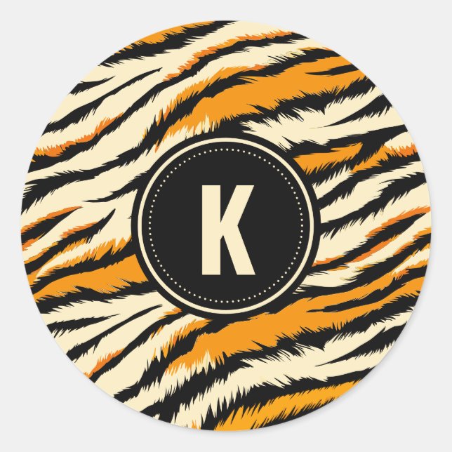 Black Orange Tiger Stripes Pattern Monogram Runder Aufkleber (Vorderseite)