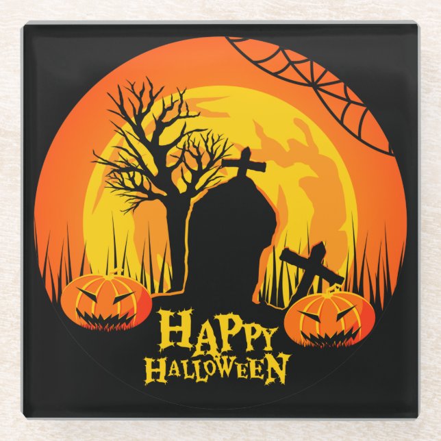 BLACK ORANGE YELLOW SPOOKY HALLOWEEN GRAVEYARD GLASUNTERSETZER (Vorderseite)