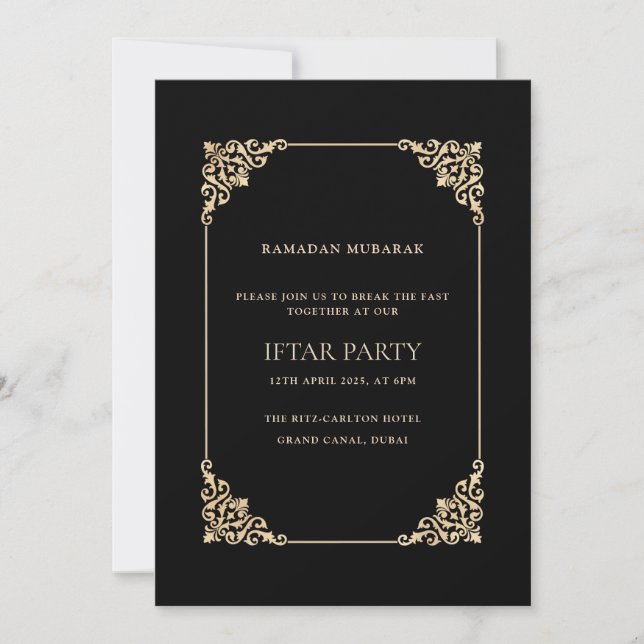 Black Ornate Baroque Gold Script Iftar Party Einladung (Vorderseite)