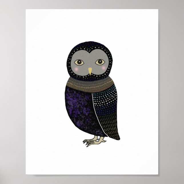 Black Owl Blue Feather Poster von MiKa Art (Vorne)