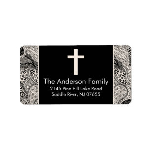 Black Paisley Cross Religious Address Label Adressaufkleber