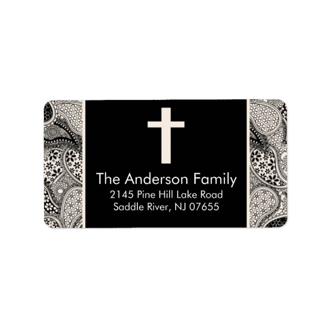 Black Paisley Cross Religious Address Label Adressaufkleber (Vorne)