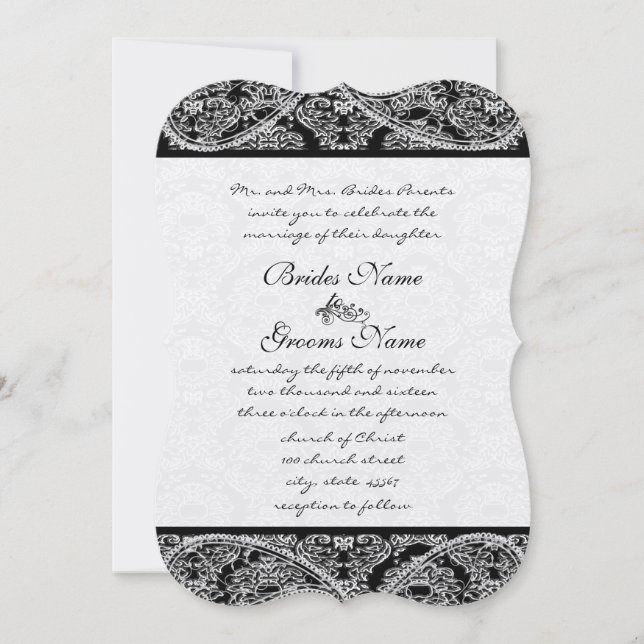 Black Paisley Damask Einladung zur Hochzeit (Vorderseite)