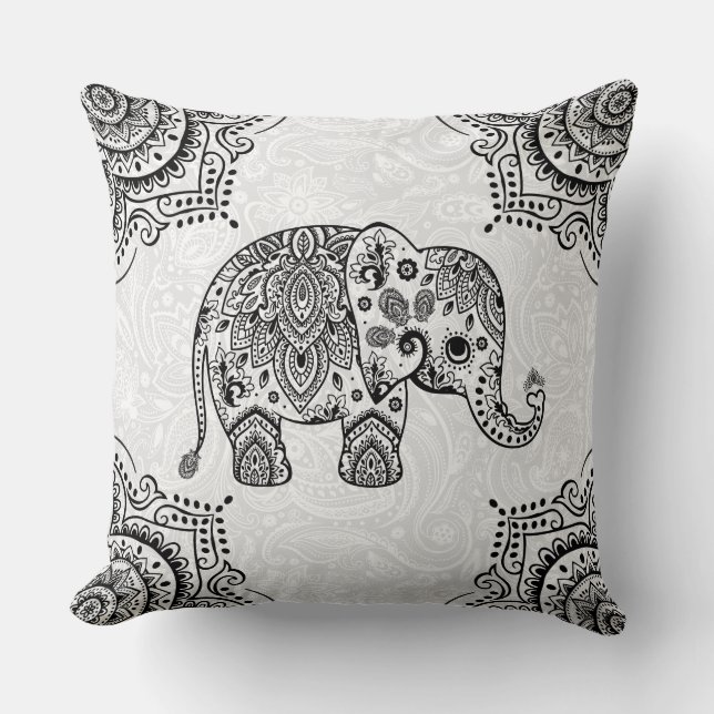 Black Paisley Elephant Illustration Kissen (Vorderseite)