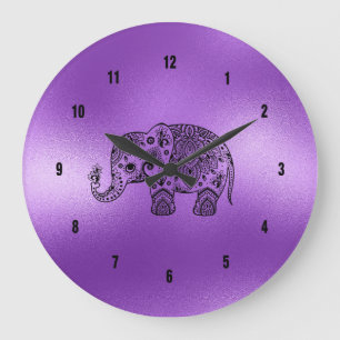 Black Paisley Elephant Shiny Purple Background Große Wanduhr