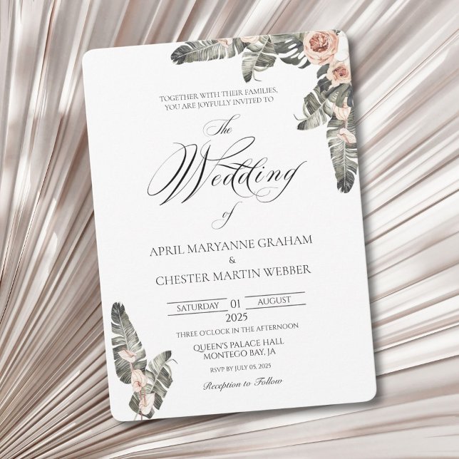 Black Palm Romance Hochzeitseinladung Einladung (Elegant tropical theme invitation. Perfect for a destination wedding.)
