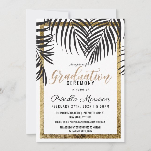 Black Palm Tree Fronds Gold Border Abschluss Einladung (Vorderseite)