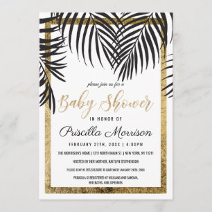 Black Palm Tree Fronds Gold Border Baby Dusche Einladung