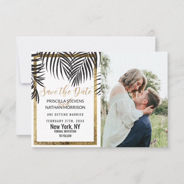 Black Palm Tree Fronds Gold Border Modern Save The Date (Vorderseite)
