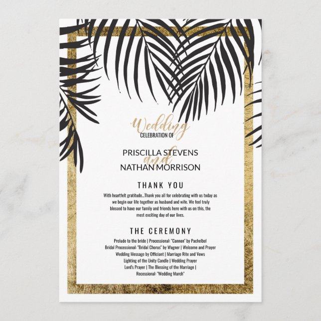 Black Palm Tree Fronds Gold Border Moderne Hochzei Programm (Vorderseite)