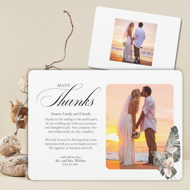 Black Palm Tropical Flat Danke Karte (Say thank you for being a part of your special day with this tropical theme thank you photo card.)