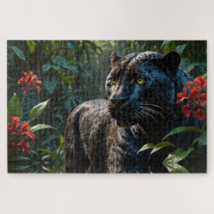 Black Panther - Jaguar in Dschungelroten Blume Puzzle