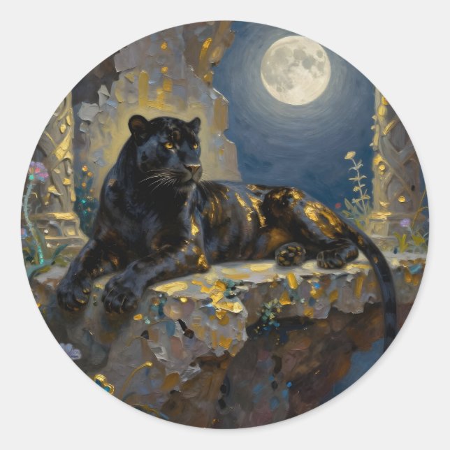 Black Panther under the Full Moon Runder Aufkleber (Vorderseite)