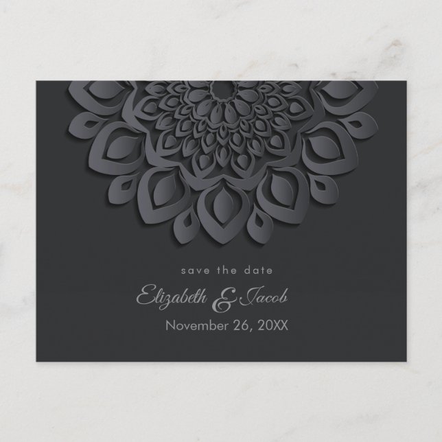 Black Paper Cut Mandala Save the Date Postkarte (Vorderseite)
