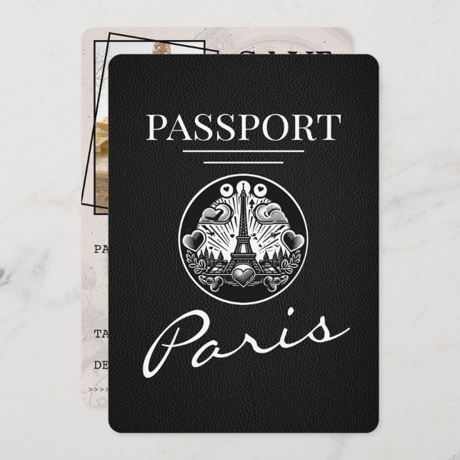 Black Paris Passport Save the Date (Vorne/Hinten)