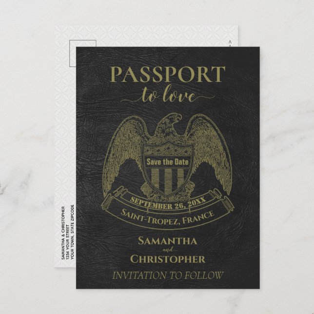 Black Passport Niedlich Fun Wedding Save the Date Ankündigungspostkarte (Vorne/Hinten)