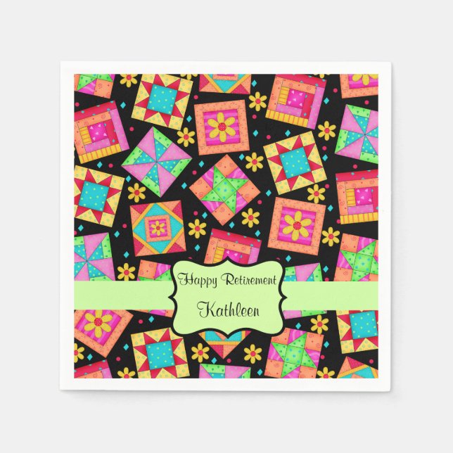 Black Patchwork Quilt Blockname Happy Retirement Serviette (Vorderseite)