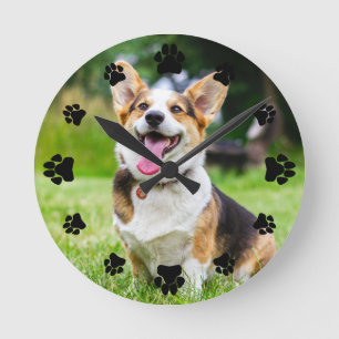 Black Paw Prints Add Your Pet Foto Runde Wanduhr