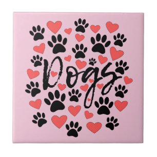 Black Paw Prints Red Hearts Typografie Pink Fliese