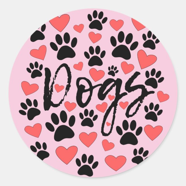 Black Paw Prints Red Hearts Typografie Pink Runder Aufkleber (Vorderseite)