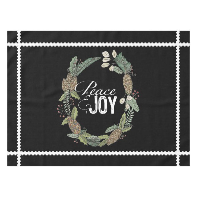 Black Peace Joy Evergreen Cones Wreath Tablecloth Tischdecke (Vorderseite (Horizontal))