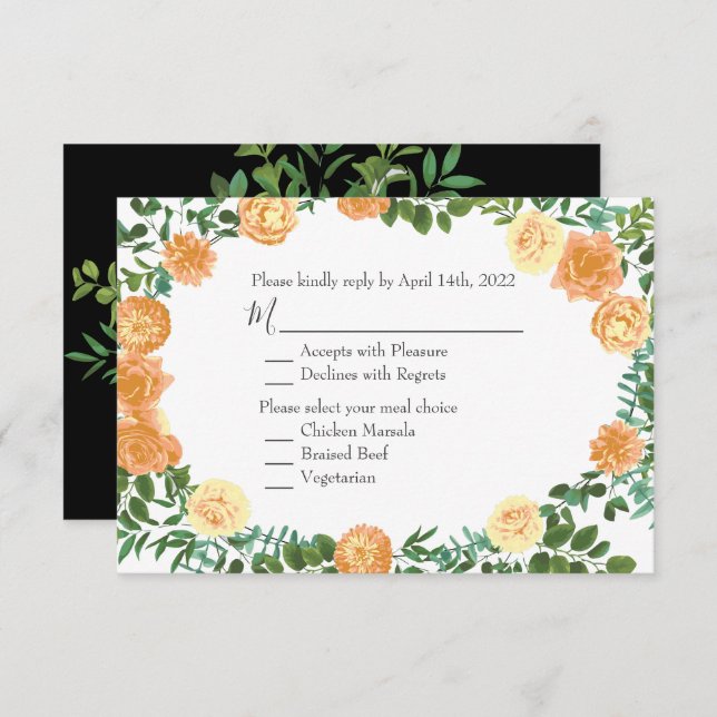 Black & Peach Wedding Modernes Floral Einladung (Vorne/Hinten)