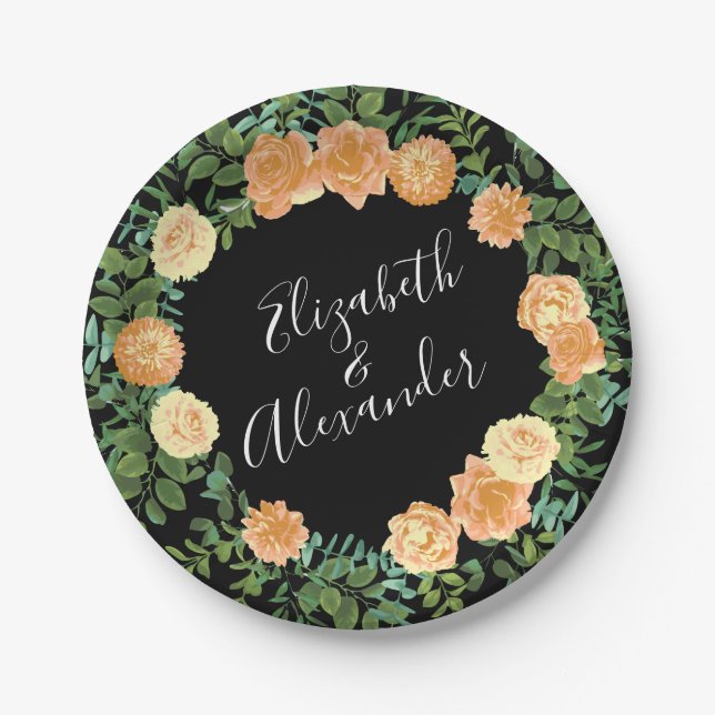 Black & Peach Wedding Modernes Floral Pappteller (Vorderseite)