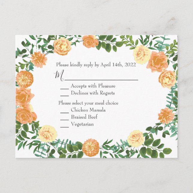 Black & Peach Wedding Modernes Floral Postkarte (Vorderseite)